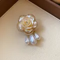 Elegant vintage rose brooch with teardrop pearls and rhinestones - Cream Rose Artificial Pearl Brooch / Gold-White