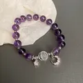 Elegant purple glass bead bracelet with star and crescent moon charms - Purple Transparent Round Bead Bracelet / Moon & Feather - Purple