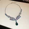 Vintage emerald green teardrop necklace with blue and purple rhinestones on silver chain - Necklace (24#) / Silver-Blue