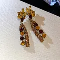 Vintage style long dangle earrings with amber and brown rhinestones in a luxury design - Earrings (Silver Earring Post)(25#) / Gold Brown