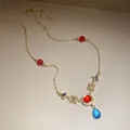 Elegant vintage gold clavicle necklace featuring red beads and a blue teardrop pendant - Necklace (27#) / Gold-Red-Blue