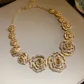 Vintage style gold-toned rose necklace with sparkling crystals and amber stones - Necklace (30#) / Gold