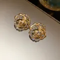 Vintage golden rose stud earrings with sparkling rhinestones for women - Earrings (32# - Silver Earring Post) / 1 Pair Pack / Gold