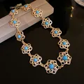 Vintage gold floral necklace featuring turquoise stones and sparkling rhinestones - Necklace (33#) / 1 Piece / Gold-Blue