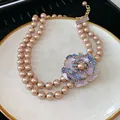 Vintage court style double-strand pearl necklace with purple enamel flower pendant - Double Layer Enamel Flower Pearl Necklace / Champagne / Purple