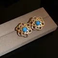 Vintage style gold floral stud earrings with turquoise center stone and rhinestones - Earrings (35# - Silver Earring Post) / 1 Pair Pack / Gold-Blue