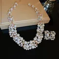 Elegant French style pearl and zircon jewelry set with necklace and matching earrings for women - Necklace and Earring Set / Gold/White