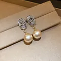 Vintage style gold drop earrings with champagne pearls and micro-pave crystals detail - Earrings (37# - Silver Earring Post) / 1 Pair Pack / Gold Brown