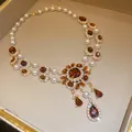Vintage pearl necklace with amber gemstones and crystals in jewelry box - Necklace (38#) / 1 Piece / Gold Brown