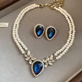 Elegant vintage double-strand pearl necklace and teardrop blue crystal earring set - Necklace and Earring Set (40#) / 1 Set / Antique Gold-White-Blue