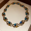 Luxurious vintage gold-tone statement necklace with blue and yellow gemstones and crystals - Necklace (42#) / Gold-Blue-Yellow