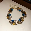 Vintage style antique gold necklace featuring blue and amber gemstones with clear crystals - Bracelet (43#) / Gold-Blue-Yellow