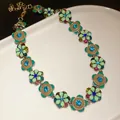 Vintage style colorful enamel flower choker necklace with sparkling blue rhinestones - Necklace (45#) / Gold-Green