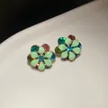 Elegant vintage style flower stud earrings with green enamel and colorful rhinestones - Earrings (47# Silver Earring Post) / Gold-Green-Multicolor