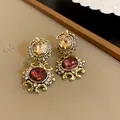 Elegant vintage style gold drop earrings featuring amber and ruby purple gemstones with crystals - Earrings (49# Silver Earring Post) / Gold-Purple