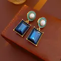 Vintage-style gold earrings featuring pearls and rectangular blue gemstones on leather box - Pearl Gemstone Drop Earrings (Silver Earring Post) (68#) / Gold-Blue