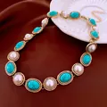 Vintage turquoise and pearl choker necklace with decorative gold-toned lace bezel - Turquoise-tone Pearl Clavicle Necklace (71#) / Gold-Blue