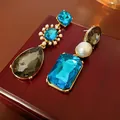 Vintage style gold earrings with blue crystals and white pearls, asymmetrical design - Earrings (Asymmetric-Silver Post) / 1 Pair Pack / Gold-Blue