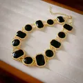 Vintage style gold necklace featuring large faceted black stones in a jewelry tray - Black Gemstone Necklace (85#) / Gold-Black