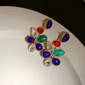 Vintage style colorful gemstone cluster drop earrings with gold-tone floral design detail - Multicolor Gemstone Cluster Silver Earring Post (87#) / 1 Pair Pack / Gold-Multicolor