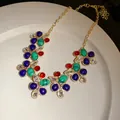 Vintage-style colorful gemstone bib necklace with elegant gold-tone chain for women - Multicolor Gemstone Inlaid Necklace (88#) / Gold-Multicolor