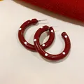 Retro vintage burgundy hoop earrings featuring white polka dots and durable steel pins. - C-Shape (4# Silver Post) / Burgundy