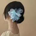 Elegent light blue organza fabric flower hair clip with dangling pearl tassel fringe detail - 9# Light Blue Flower Tassel Hairpin