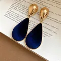 Elegant vintage water-drop earrings with gold metal and navy blue velvet finish - Water Drop Earrings (WE5069-1) / Gold-Dark Blue