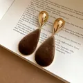 Vintage gold teardrop earrings with dark brown velvet inlay for elegant winter look - Water Drop Earrings (WE5069-1) / Gold Brown