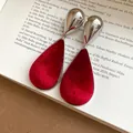 Vintage red velvet teardrop earrings with silver finish studs for elegant and chic look - Water Drop Earrings (WE5069-1) / Silver-Red