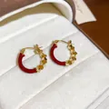 Elegant vintage style red enamel and golden sugar cube textured hoop earrings in box - 53# Ear Buckle - Gold Red