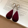 Retro teardrop earrings with silver metal and deep red velvet finish - Water Drop Earrings (WE5069-1) / Silver-Wine Red