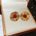 Elegant vintage gold stud earrings featuring a red enamel center presented in a premium jewelry box - 42# (Brushed Round-Red-Silver Post) / Gold-Red