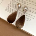 Retro-style teardrop earrings featuring brown velvet texture and polished silver-tone metal - Water Drop Earrings (WE5069-1) / Silver-Coffee
