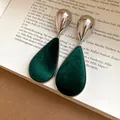 Elegant vintage dark green velvet waterdrop earrings with silver needle shown in SKU view - Water Drop Earrings (WE5069-1) / Silver-Green