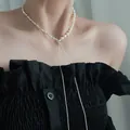 Elegant broken silver beads and freshwater pearl necklace minimalist clavicle chain jewelry - Long Tassel Draping Style (HN2148) / Silver