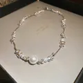 High-quality crushed silver and pearl clavicle chain necklace with a unique design - Pearl Highlight Style (HN2148) / Silver