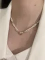 Elegant double-strand pearl and crushed silver choker necklace with gold heart magnetic clasp - Gold Heart Magnetic Buckle Style (HN2148) / Silver