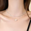 Minimalist double-layered crushed silver necklace featuring a elegant white pearl - Broken Silver Snake Bone Stacked Style (HN2148) / Silver