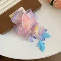Elegant fairy style gradient gauze lily flower hair clip with pink and blue petals - Gradient Tulle - Claw Clip