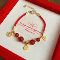 Bracelet de corde rouge avec breloques dorées et perles de cornaline porte-bonheur - 45# Rouge/Or