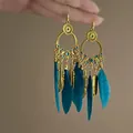 Vintage bohemian long drop earrings with feathers and leaf charms in teal blue - Ear Hook - Blue (Premium)