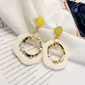 Stylish yellow and white geometric stud earrings with gold hoop design for women - Long Geometric Contrast Drop (HE780) / Milky White