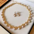 Elegant French style faux pearl and rhinestone necklace set with matching earrings - Necklace And Earrings Set (HN4416) / Gold