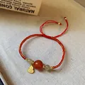 Bracelet en corde tressée rouge fait main avec charme calebasse dorée et perles orange - 60# Rouge/Or
