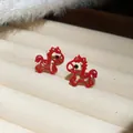 Red zodiac horse stud earrings with new Chinese style design on cream fabric tray - 7# Zodiac Horse Style (HE28716) / Red
