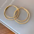 Minimalistische große doppellagige goldene Creolen mit edler strukturierter Oberfläche - 69# Silberstift - Gold