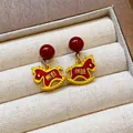Elegant New Chinese style red rocking horse earrings with gold accents in jewelry gift box - 52 Silver Needles - Gold - Red