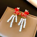 Red festive horse earrings with elegant white pearl tassels in Chinese style. - 30# Tassel Pearl Horse Style (HE28716) / Red/White