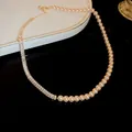 Elegant half cream pearl and baguette cut rhinestone collarbone necklace with gold plating - Champagne Splicing (Gold Plated)